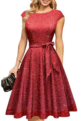 DRESSTELLS Cocktailkleid Damen Glitzerkleid Rockabilly Abendkleider Elegant Hochzeitsgast Silvester Outfit Swing Festliche Weihnachtskleid Glitter Red L