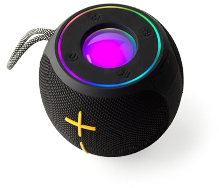 INTEMPO Aria Bluetooth Speaker, Portable Wireless, 10W, IPX4, Black | Up To 18 Hr Playtime, 7 LED RGB Modes, TWS Pairing, USB-C Charging Cable Included, Hanging Strap, Fabric Finish