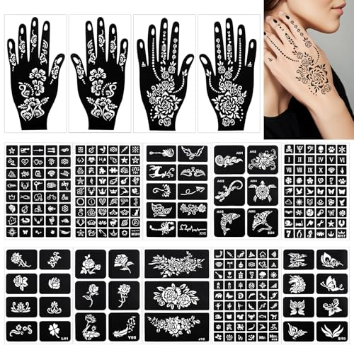 alwaiiz 245 Stück Henna Schablonen, 14 Blätter Temporäre Henna Tattoo Schablone, Glitzer Tattoo Schablonen für das Gesicht, die Hände, die Füße und den Rücken