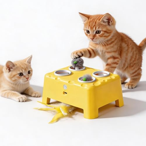 Petyoung Interactive Cat Toy 3-in-1, Automatic Feather & Mouse Pop Out Toy | Rechargeable, Silent Design, Timer Mode, Non-Slip Pad, for Bored Indoor Kittens & Cats