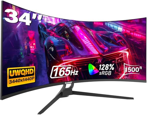 Gawfolk Monitor curvo ultra largo per giochi da 34 pollici, 21:9 WQHD 3440x1440 165Hz, monitor curvo 1500R, Pip/PBP, 1ms (MPRT), 127% sRGB, HDMI e DP, inclinazione regolabile.