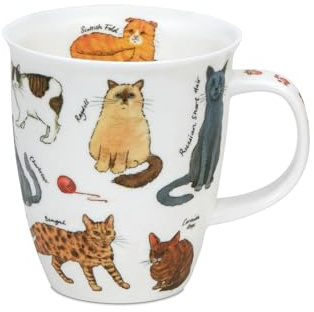 Dunoon Bone China Kaffeetasse 480 ml Nevis Cats Becher mit Katzenrassen Motiv - Große Teetasse 0,48l, 112 mm hoch, Ø 100 mm, hochwertige Porzellantasse, spülmaschinenfest, Geschenkidee