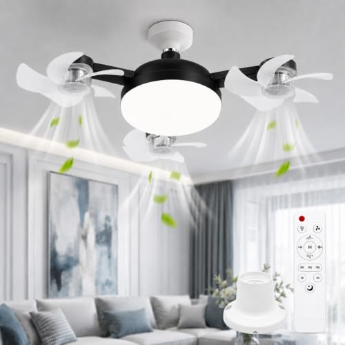 Ceiling Fans with Lights and Remote, 3 Heads Drone LED Ceiling Fan Light | Light Bulb Fan, Screw in E27, 60W, 50cm, 3 Speeds, 3 Color, Dimmable, Morden, Quiet, Memory, 2H/4H Timer, for Bedroom Kitchen