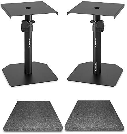 Vonyx Studio Monitor Stands Pair with Isolation Foam Pads, Desktop Speaker Stand Set Adjustable Height Home Audio HiFi Mounts for Studio & DJ Speakers up to 8 Inch – Black Finish