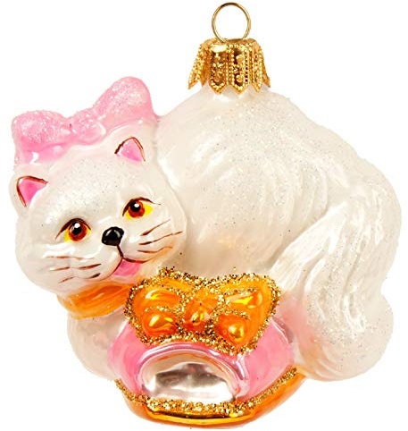 Christbaumschmuck Glas 6cm - Katze Figur zum Aufhängen - mundgeblasen & handbemalt - Weihnachtsbaum Anhänger für Weihnachten - Christbaumanhänger & Weihnachtsbaumschmuck - Weiß Rosa
