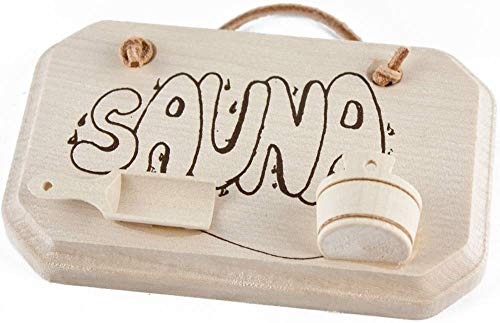 Davartis - kleines Sauna Türschild mit Miniatur - Aufgusseimer u. Schaufel - 12 × 8 cm