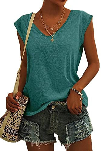 ASKSA Women V Neck Cap Sleeve T-Shirt Summer Solid Color Tank Top Casual Loose Shirts Basic Tee Tops (Lake Blue,S)