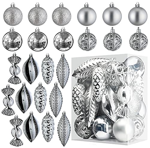 Prextex Silver 24-Piece Shatterproof Christmas Ornaments - Perfect Glitter Balls, Tree Baubles, Exquisite Xmas Combo of 8 Styles