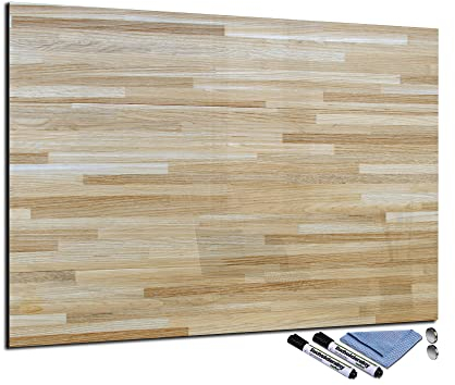 Glas-Magnettafel 70x100 cm Whiteboard Wand Beschreibbar Magnetisch Pinnwand Küche Office Büro mit Zubehör Wochenplaner Abwischbar Deko Memoboard Tafel Holz-Optik Beige