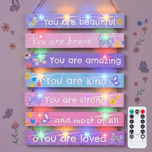 FIOBEE Girls Room Decor LED Light Wood Wall Motivational Sign Art for Kids