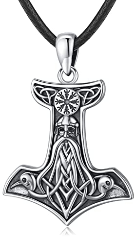 Eusense Wikinger Schmuck Odin Halskette Thors Hammer 925 Silber Nordisches Raben Amulett Mythologie Anhänger Kette Keltischer Knoten Viking Geschenk für Herren