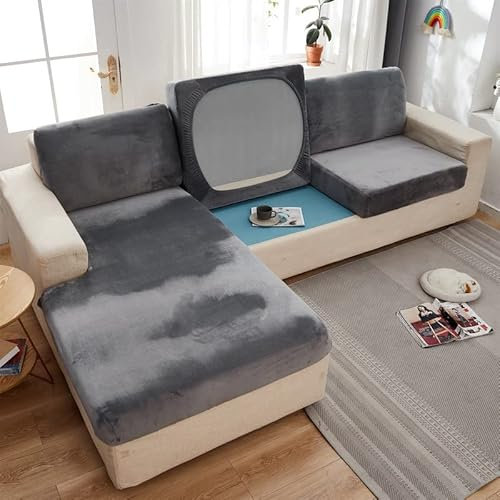 MINGPINHUIUS Soft Velvet Sofa Cushion Cover - Stretch Anti-Slip Sofa Cover Couch Cushion Covers for Sectional Sofa L Shape, Sofa Cushion Slipcover Furniture Protector (Grey, M Back Cover)