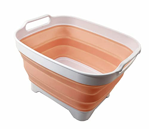 SAMMART 7.5L Collapsible Dishpan with Draining Plug - Foldable Washing Basin - Portable Dish Washing Tub - Space Saving (White/Pearl Blush)