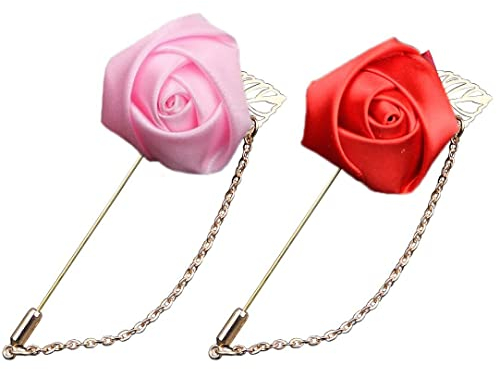 vepoty 2 Pièces Satin Rose Épinglettes Hommes Boutonnière Fleur Marié Mariage Boutonnière Costume d'affaires Broche Broche Accessoires