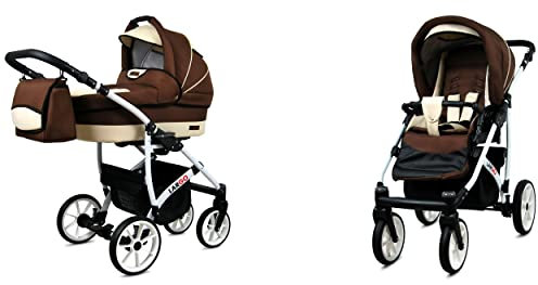 BabyLux Largo 2-in-1 Baby Kinderwagen Tief und Kinderwagen mit Zubehör Verstellbar und faltbar Aluminiumkonstruktion Wasserdicht Nicht abnehmbare Räder Brown Cream White Frame