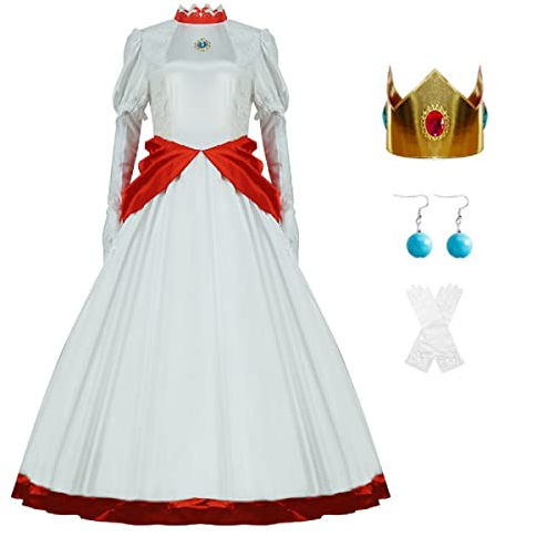 AYYOHON Prinzessin Pfirsich-Kostüm für Damen, 2023, Superbrüder, Cosplay, Kleid, Krone, Ohrringe, Handschuhe, komplettes Set, Erwachsenen-Halloweenanzug, Größe M