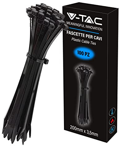 V-TAC Fascette per Cavi in Plastica misura 2.5 mm x 200 mm - Confezione 100 Pezzi - Fascette per Cablaggio Multiuso - Stringicavo Portacavi Fermacavi per Elettricista, Meccanico, Giardinaggio - Nere