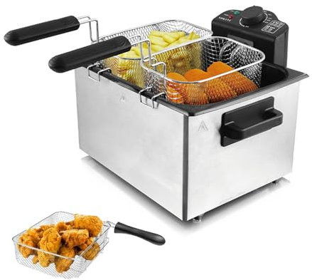 XoTiq Deep Fryer with 2 Frying Baskets，2100W Kitchen Restaurant Electric Fryer，Electric Fryer with 2 Baskets, 5L Electric Fryer, Stainless Steel Home Fryer, Adjustable Temperature, Timer,