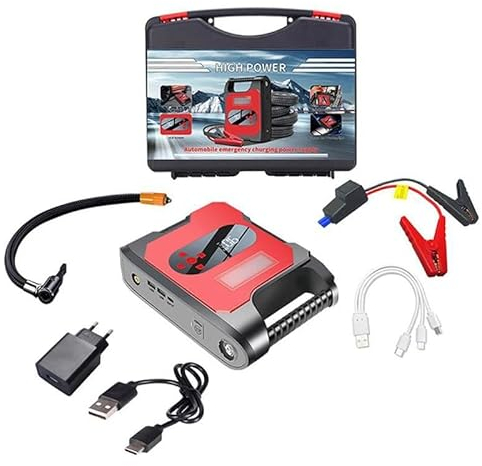 Aide au démarrage de voiture - 6000 A - Courant de crête 32000 mAh - Avec lampe de poche LED - Pour véhicules 12 V - Démarreur de batterie SUV moto ATV tondeuse à gazon (rouge)