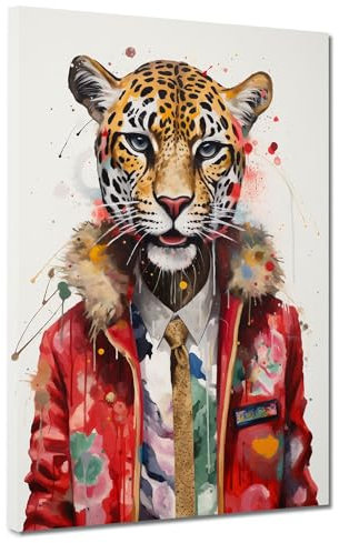 Leopard mit Krawatte Pop Art Leinwandbild Wandbild Kunstdruck XL Deko Größe 60x80x2cm