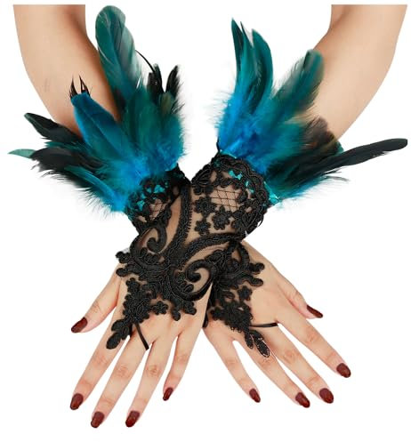 keland Feder Handschuhe Halloween Spitzenhandschuhe Federhandschuhe Maleficent Kostüm Damen (Saures Blau)