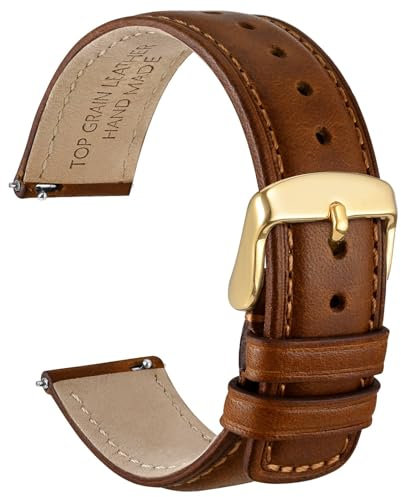 WOCCI 20mm Uhrenarmband für Herren und Damen, Echtes Leder - Top Genarbtes Leder, Schnellverschluss, Goldene Schnalle (Goldbraun)