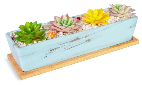 ARTKETTY Succulent Plant Pots - Large Succulent Planters with Drainage Tray, Window Sill Planter, Long Rectangle Ceramic Pot for Indoor Cactus Plants Shallow Bonsai Window Box