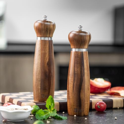 JF JAMES.F Set macina sale e pepe, in legno di acacia, 20,3 cm, macinino sale e pepe in legno con anima in ceramica e acciaio inossidabile