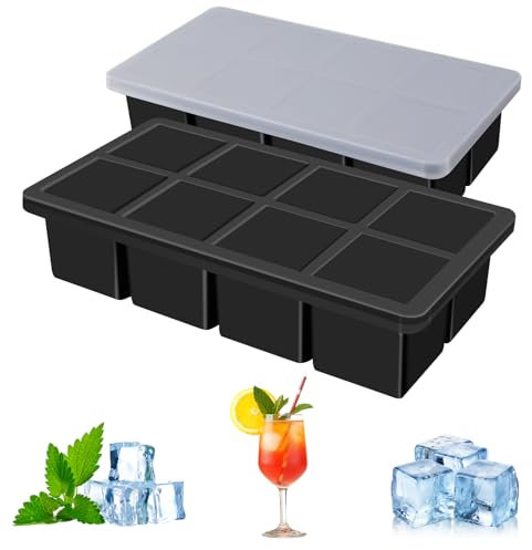 Ghiaccio Stampo, Stampo Ghiaccio con Coperchio silicone, Cubetti Ghiaccio Silicone Ghiaccio, Stampi per Ghiaccio 8 Cubetti Ghiaccio, Per Whisky, Cocktail e Bevande Refrigerate(Nero)