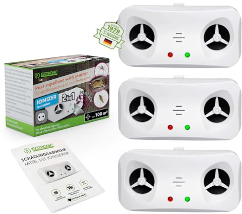 ISOTRONIC Schädlingsabwehr mit Ionisator | zum Schutz vor Mäuse, Nager, Spinnen, Kakerlaken im Haus, Keller| Mäuseabwehr flexibel einsetzbar – umweltschonend & tierfreundlich (3. Stück)