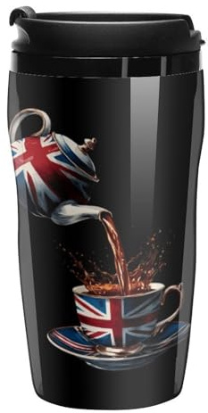 British Tea UK Teapot Union Jack Flag Travel Coffee Tumbler Plastic Insulated Mug Reusable Cup with Lid for Hot and Cold Drinks