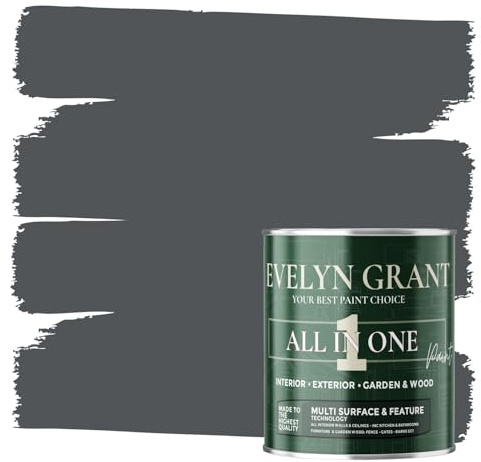Evelyn Grant All-IN-ONE Paint & Primer - Multi-Surface Paint For Interior Walls, Outdoor Garden & Exterior Walls, Wood Furniture | High Durability Multi-Feature - Anthracite Grey - 1L - Satin