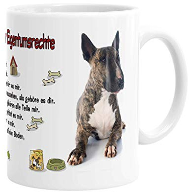 Merchandise for Fans Becher aus Keramik - 330 ml Motiv: Bullterrier mit Spruch Eigentumsrechte (01)