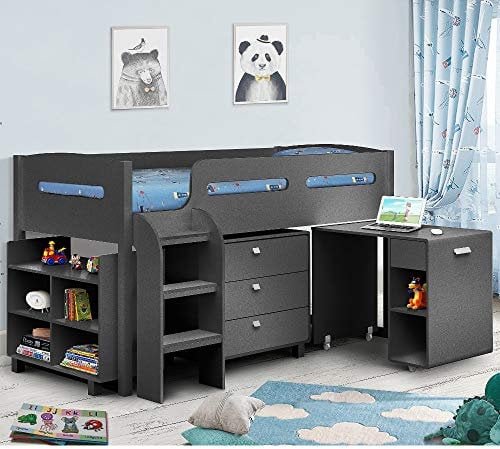 Happy Beds Kimbo Children's Cabin Bed with Drawers Only 91cm Single 90cm x 190cm Anthracite Wood Anthracite 3FT Plain Frame