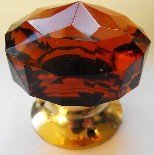 Amber Glass doorknob, Large Crystal Cut multifaceted Brass Base (Single)