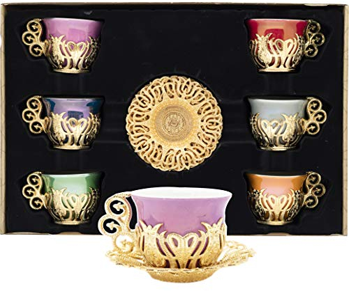 Alisveristime 12 Pc Turkish Greek Arabic Coffee Espresso Cup Saucer Porcelain Set (Gold Mix Color)