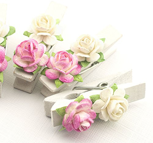 Summer-Ray 50 Handgefertigtes Maulbeer Blume Mini Weiß Holz Wäscheklammer Hochzeitsgastgeschenke Dekoration Verziert Weiß/Rosa