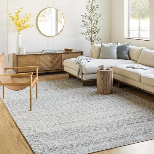 Livabliss Boho Teppich für Wohnzimmer und Schlafzimmer - Großer Skandinavischer Teppich 160x228 cm - Geometrisches Muster, Modern in Hellgrau und Weiß