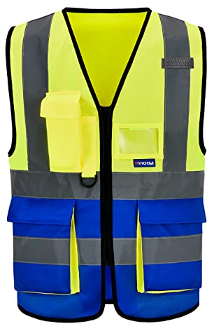 A-SAFETY Gut sichtbare Sicherheitsweste, ANSI-Klasse 2 Identifikations-Sicherheitsweste mit 5.1 cm reflektierendem Silberstreifen, Gelb und Blau gemischt, XXL