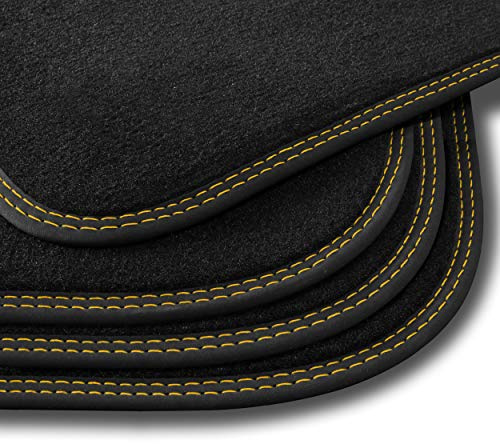 Bär-AfC Auto Fußmatten Premium passend für VW Golf 5 / 1K 2003-2008 BEF rund, Autoteppiche Velours Schwarz, Nubuk Band Schwarz, Doppelnaht Gelb + Gelb, Set 4-teilig, VW04166
