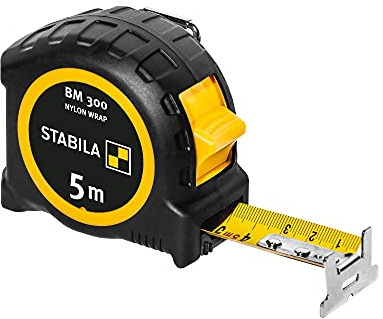 STABILA Taschenbandmaß BM 300, 5 m, Maßband mit doppelseitiger metrischer Skala, bruchsicheres PC/ABS-Gehäuse, SPIKES-Haken, Stahlband mit NYLON-WRAP-Ummantelung, Gürtel-Clip, MID-Genauigkeit