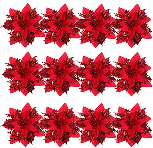 NUOBESTY Christmas Glitter Poinsettia Flowers, Christmas Flower Tree Decorations Xmas Wreath Party Decorations for Christmas Party Hanging Flower Decor 12pcs