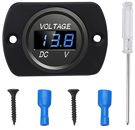 YIXISI Voltímetros Impermeable de Coche DC 12V 24V con Pantalla Digital LED y Placa de Montaje, Medidor de Voltaje Redondo con Terminales para Barco Vehículo Motocicleta Camión ATV UTV Coche, Azul