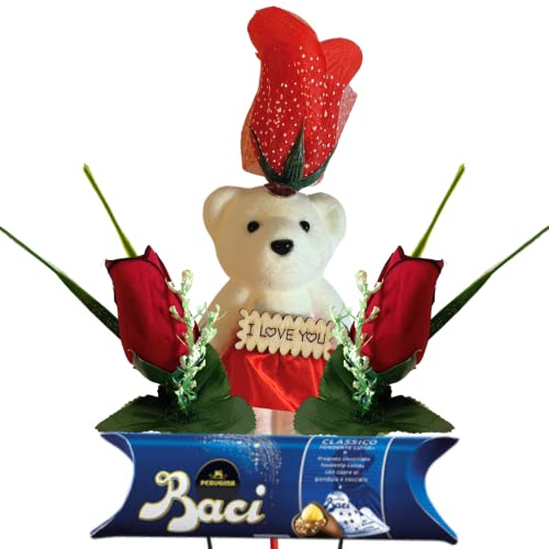Baci Perugina Geschenk für Mutter 2024 – Baci Perugina 37,5 g Tube + 2 künstliche rote Rosen + Bärendekoration aus Styropor