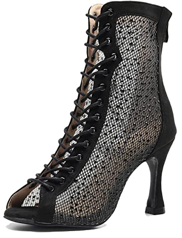 LITNERMIA Donne Stivaletti Party Performance Ballroom Lace-up Strass Mesh Latin Dancing Peep Toe Scarpe, Aev960 Nero 9cm Tacco, 38 EU