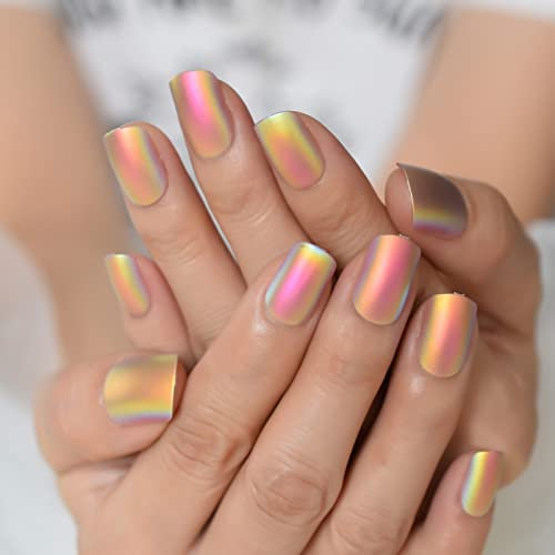 Ayyla 24 pieces Rainbow Colourful Bellarina Omber Colorful False Nails Long Acrylic Full Cover Fake Nails Tips Stick On Nails for Girls Women (short squoval metallic rainbow ombre)