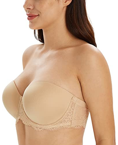 Lemorosy Women's Plus Size Full Coverage Lace Strapless Bra Underwire Multiway Contour Red Carpet(Lace Beige,44C)