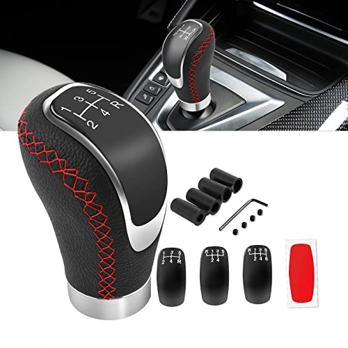 DREAMIZER Pomo Palanca de Cambios Universal 5 6 Marchas Manual Stick Shift Handle Leather Gear Shift Knob para Vehículos de Transporte de automóviles, Negro y Rojo Cosido