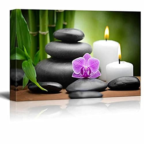 HengYun ART Zen Stein Lila Orchidee mit Kerzen Bilder Fotodrucke auf Leinwand Wandkunst gestreckt und gerahmt Poster Home Office Dekor 40x60cm Innenrahmen