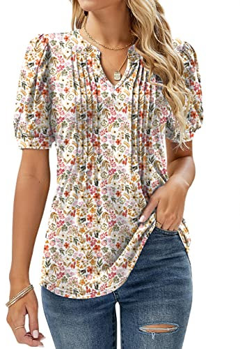 EFFAN Tunika Damen Kurzarm Longshirt Blumen Tops Sommer Weiß Schöne Oberteile Blusenshirt Sommerbluse Tuniken Blumendruck Shirt Blumen-Weiss XL